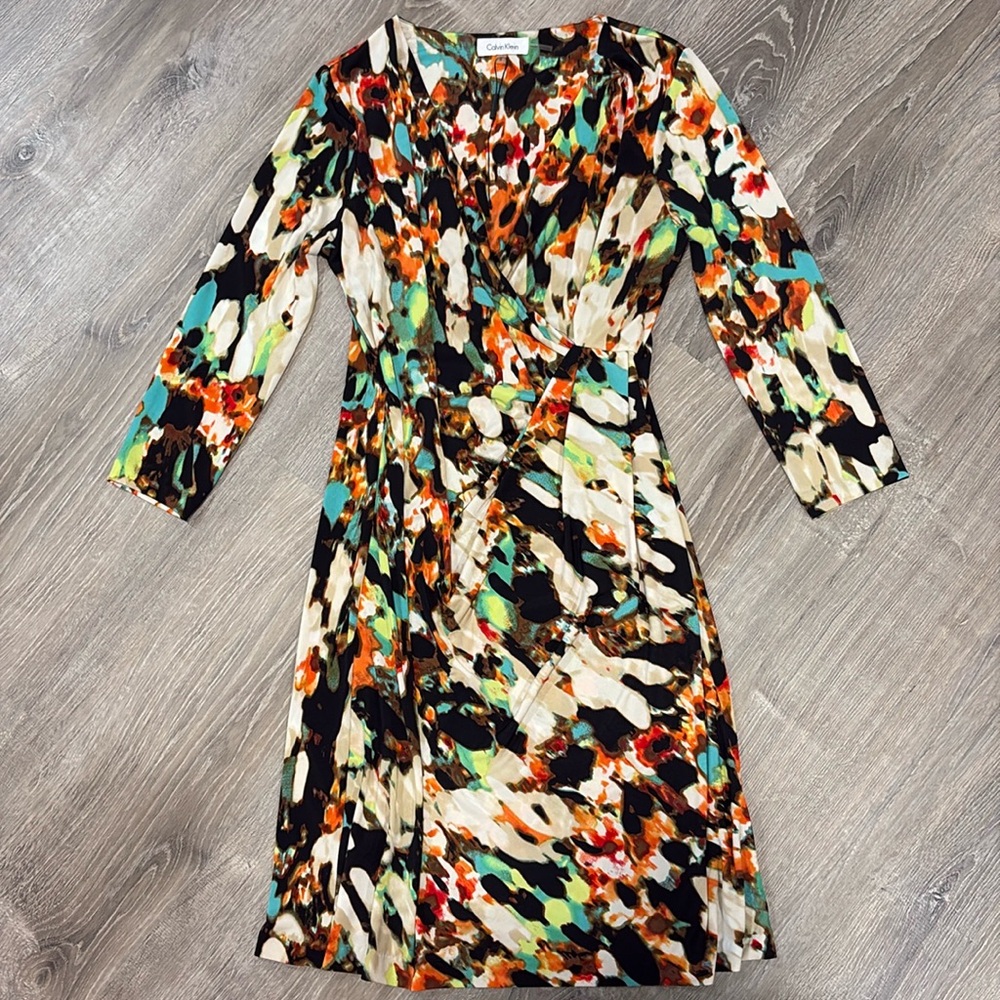 NEW CALVIN KLEIN WATERCOLOR DEEP V NECK CRISS CROSS WRAP DRESS